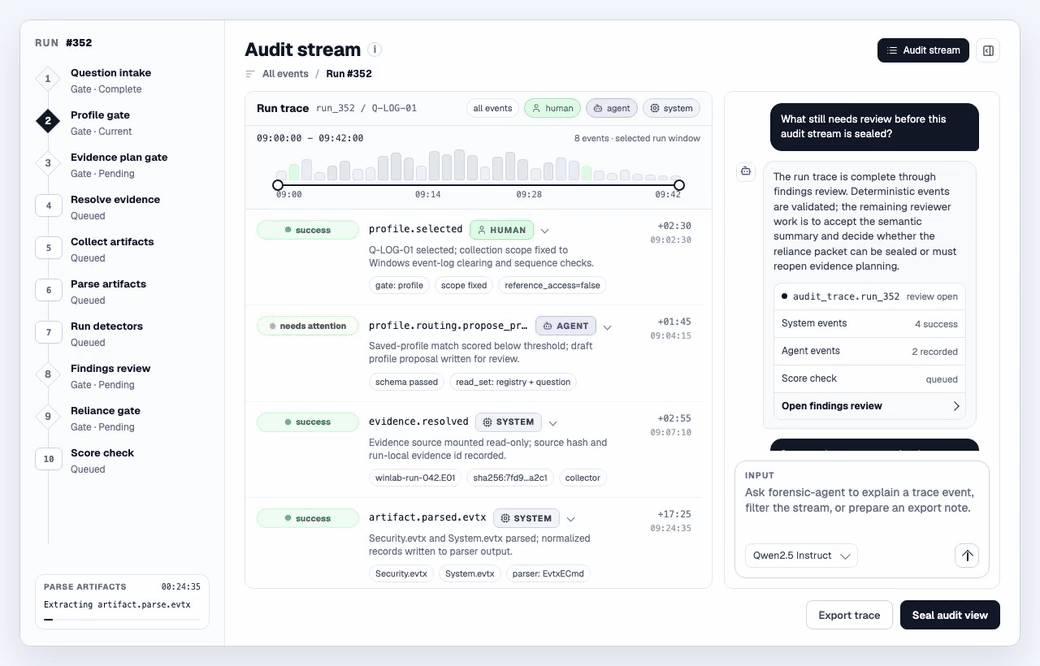Animated audit-stream screencast showing a run-trace row expanding and a chat command requesting an export restricted to model-call events.