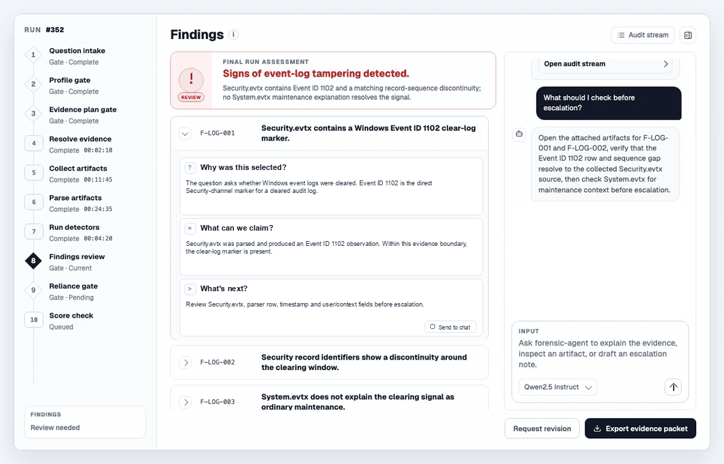 Static findings screen showing three review cards for a cited finding and a model answer that checks the escalation evidence path.
